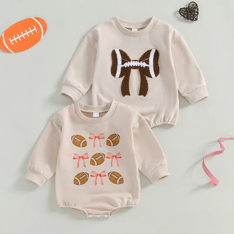 Infant Girl Football Print Long Sleeve Bubble Romper with Crew Neck and Bow Detail - Adorable Newborn Bodysuit for Game Day