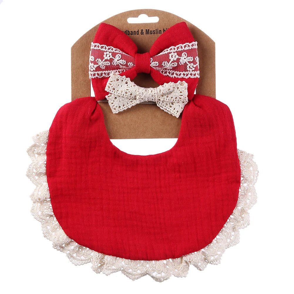 3Pcs/set Solid Muslin Cotton Baby Bibs & Lace Headbands Princess Boys Girls Saliva Towel Feeding Burp Cloths Nylon Hair Bands