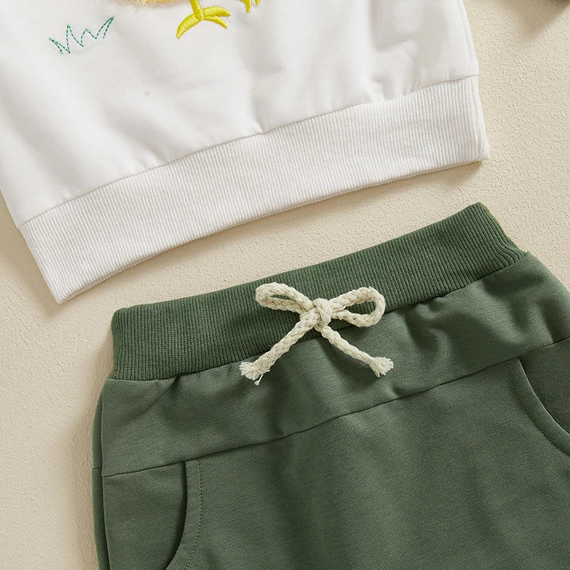 Boys Autumn Outfits Hen Embroidery Sweatshirts and Pants Set Long Sleeve Pullover and Trousers 2-Piece Clothing Ensemble