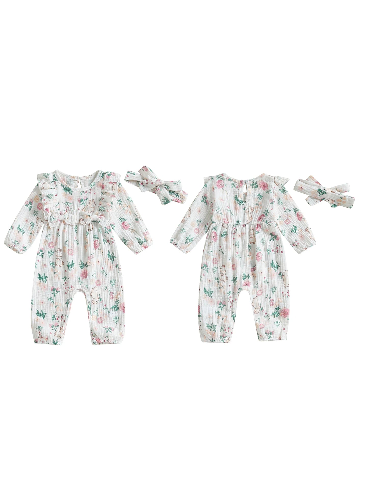 Adorable Baby Girls Easter Romper with Bunny Print Ruffled Long Sleeve Jumpsuit and Matching Headband Set for Toddler