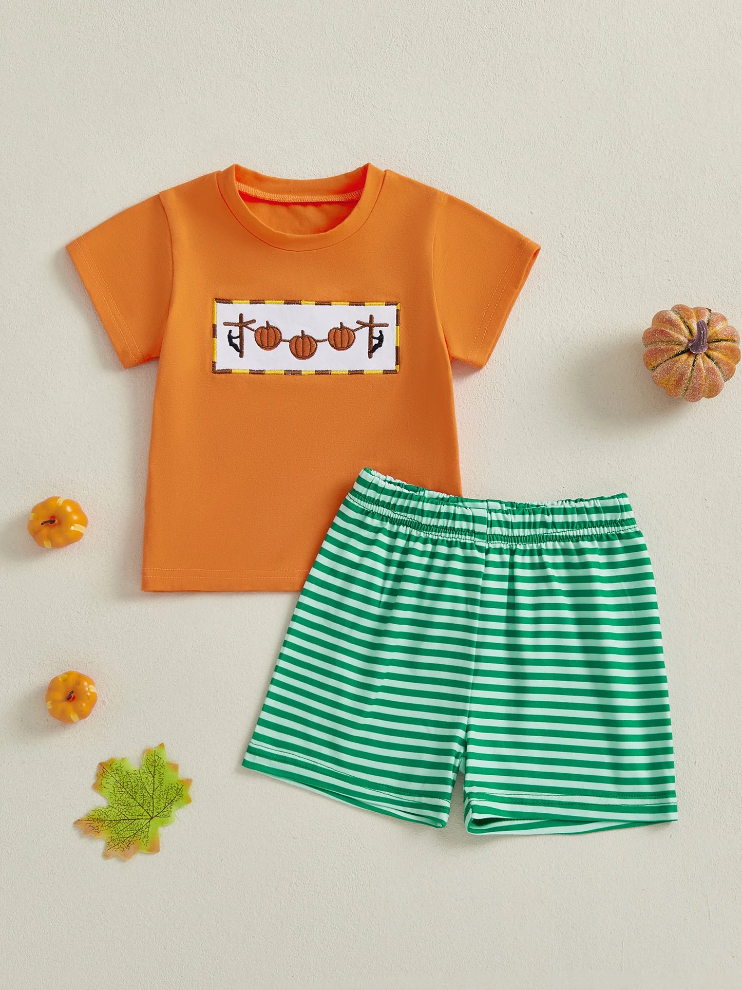 Adorable Baby Boys Summer Set with Pumpkin Embroidery T-Shirt and Striped Shorts - 2 Piece Outfit for a Stylish Look