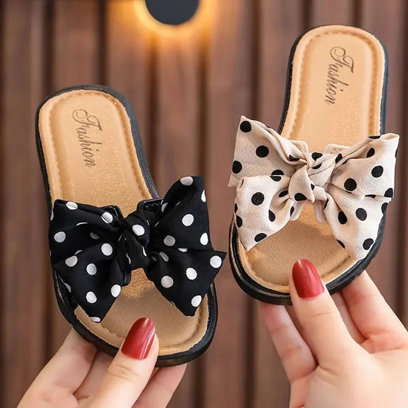 2024 New Bow Flats Open Toe Slide Sandals Non-slip Flip Flops Children Home Slippers Kids Girls Summer Cute Beach Slippers Shoe