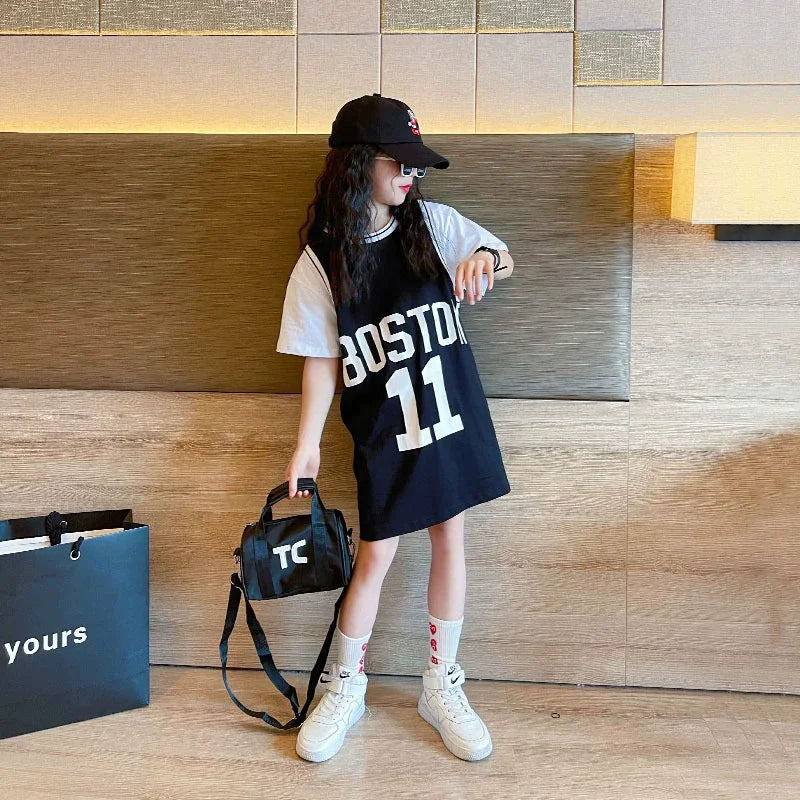Girls T-shirt Summer Teenagers Short Sleeve Tops Tees Sport Kids School Costume Children Long Clothes 4-12 Years Old
