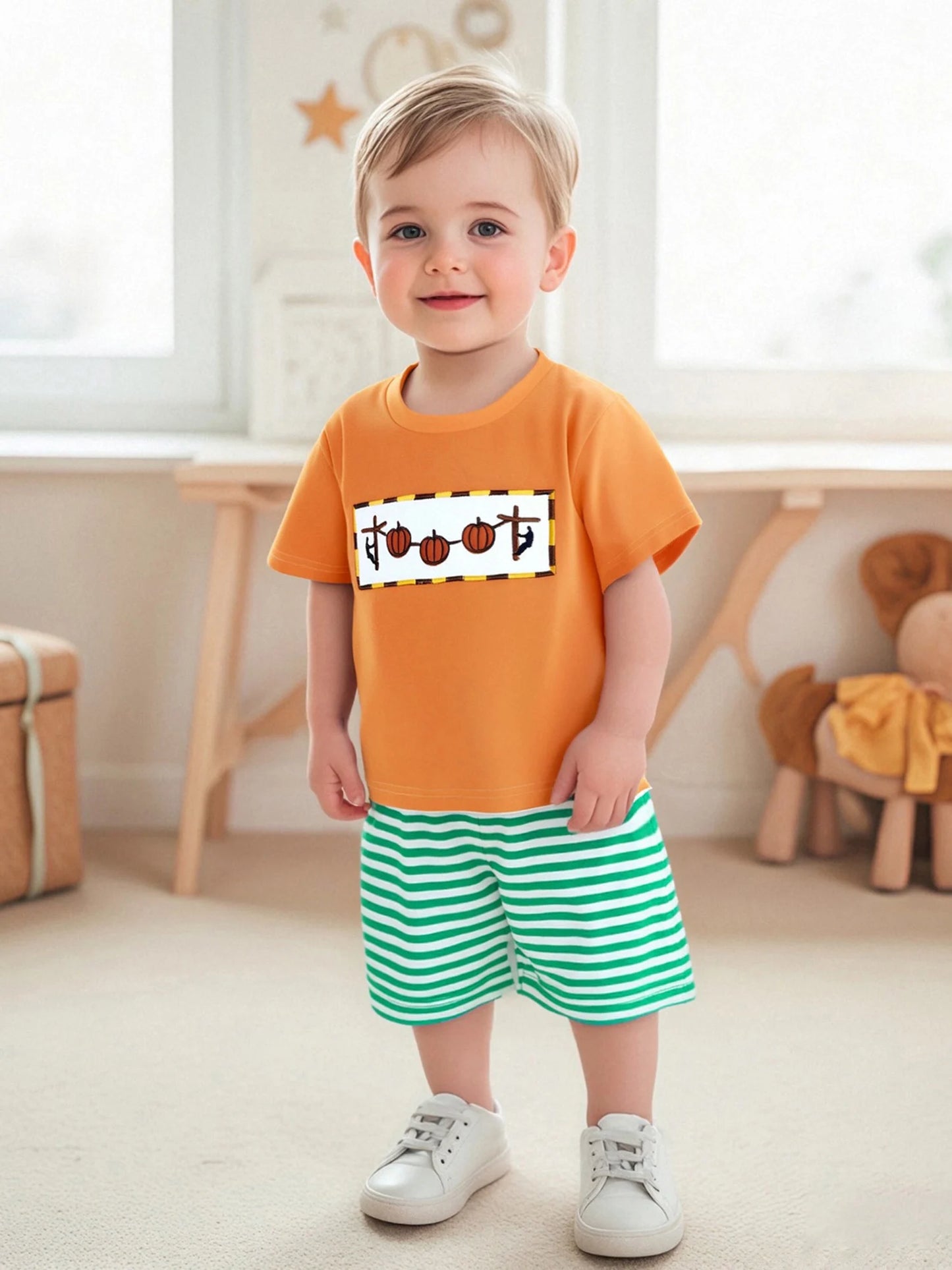 Adorable Baby Boys Summer Set with Pumpkin Embroidery T-Shirt and Striped Shorts - 2 Piece Outfit for a Stylish Look