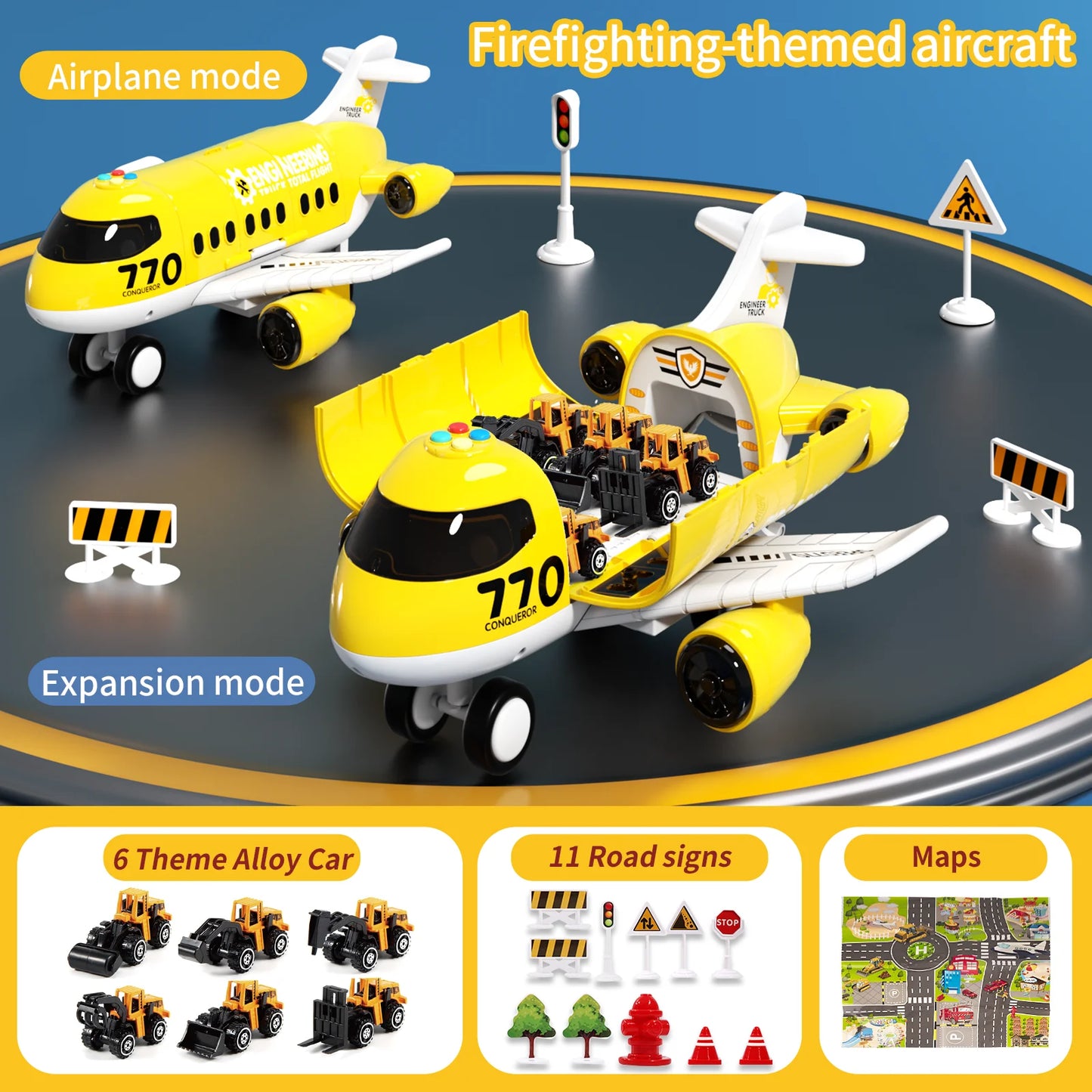 Multifunctional Transforming Storage Track Light and Sound Plane Model Aluminum Die-Cast Car Set for Children and Boys as a Gift