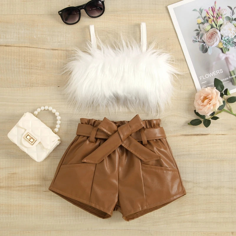 Listenwind 2-7Y Kids Children Girls Clothes Set Vest Tops Pu Leather Bow Shorts Summer Outfits