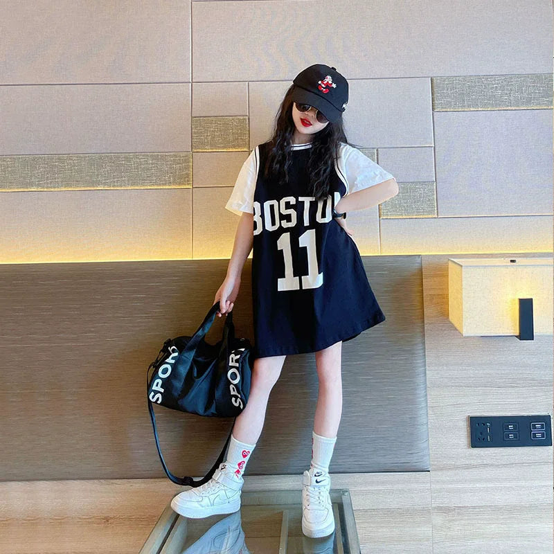Girls T-shirt Summer Teenagers Short Sleeve Tops Tees Sport Kids School Costume Children Long Clothes 4-12 Years Old