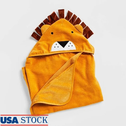 Hooded Lion Kids Bath Towel 100% Cotton Velour Lightweight Soft Baby Towel with Fun Animal Design Easy Hanging Machine Washable