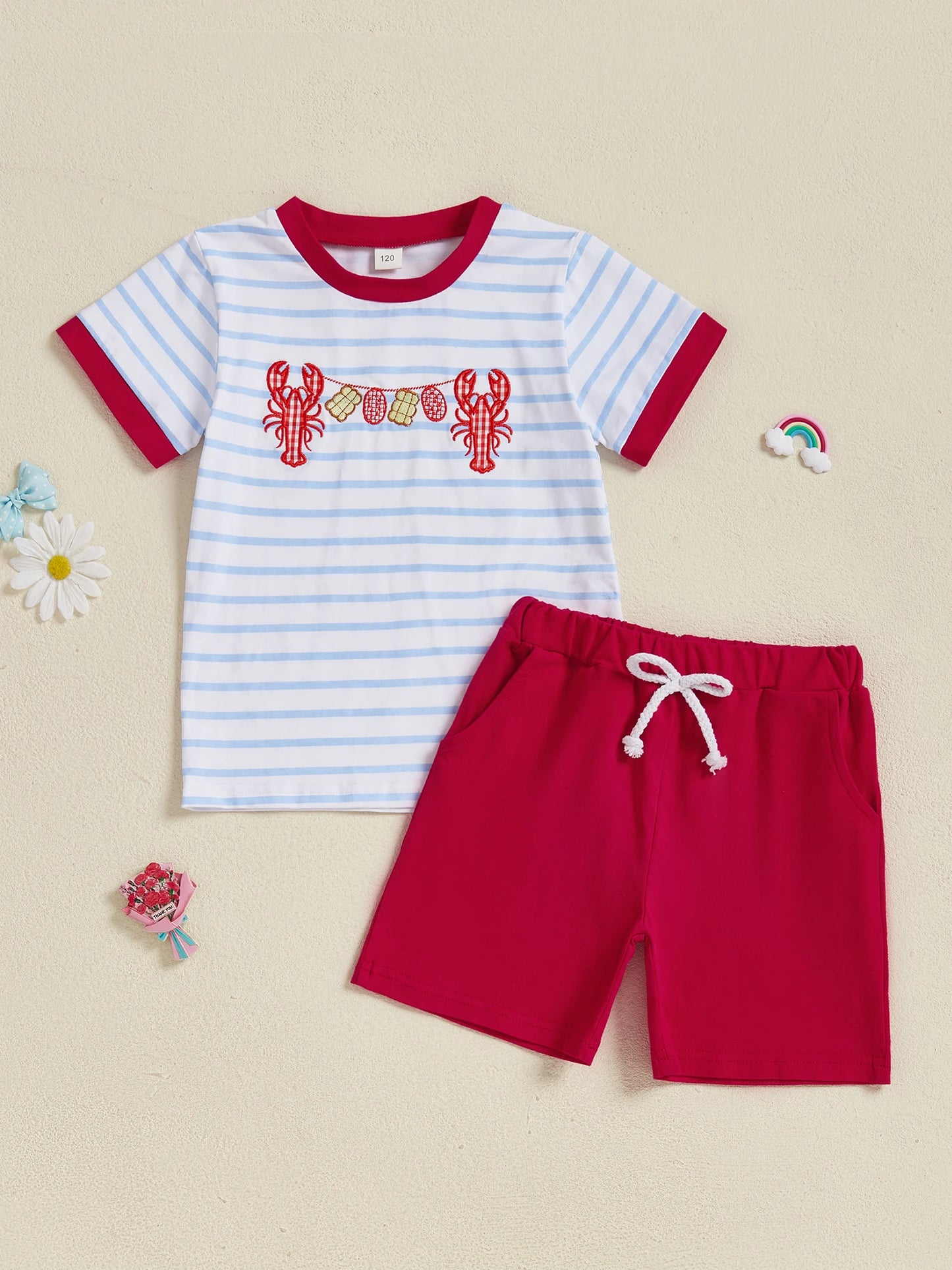 Boys Summer Outfit Set Short Sleeve Striped T-shirt with Embroidered Crayfish Design and Elastic Waist Shorts for Toddlers