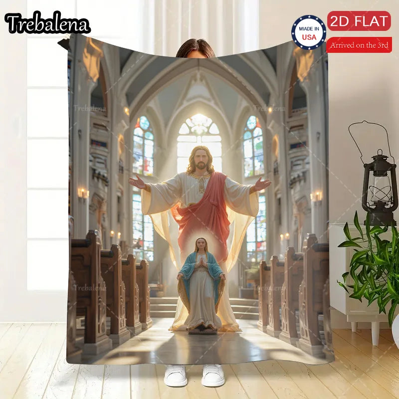 Flannel Blanket-Soft Lightweight All-season Jesus and Mary Church Scene Baby Blanket Soft Cozy for Kids Bedding