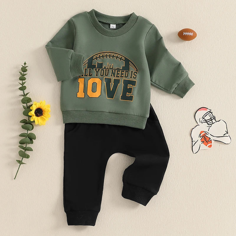 Toddler Unisex Autumn Clothes Set Long Sleeve Round Neck Letter Print Top with Bow Tie Solid Color Trousers for Baby Girl Boy