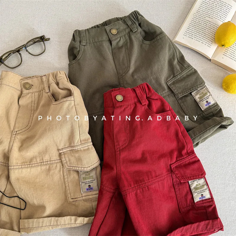 2025 Spring New Children Cargo Pants Cotton Boys Casual Pants Solid Versatile Baby Girls Loose Trousers Kids Wide Leg Pants