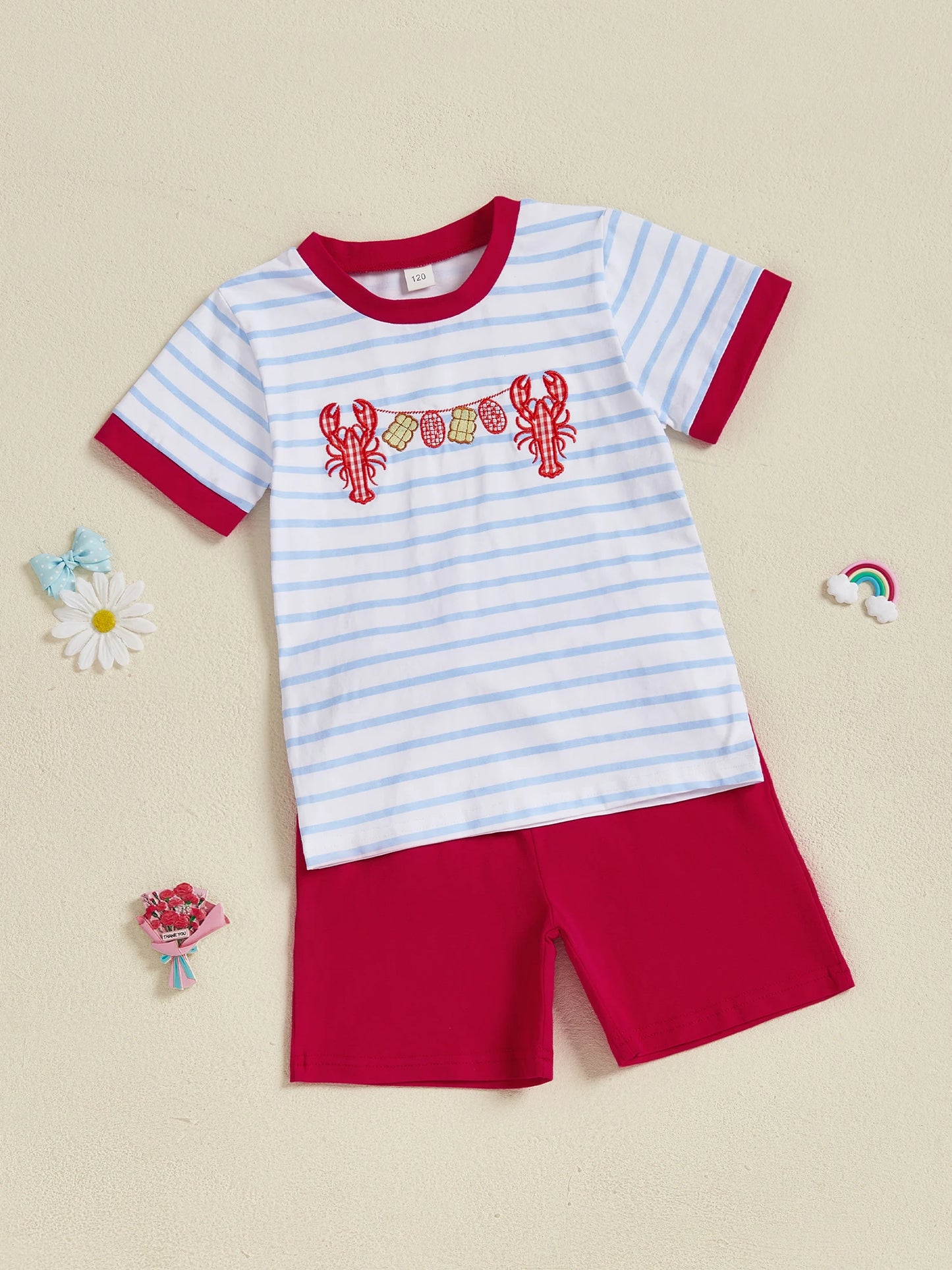Boys Summer Outfit Set Short Sleeve Striped T-shirt with Embroidered Crayfish Design and Elastic Waist Shorts for Toddlers