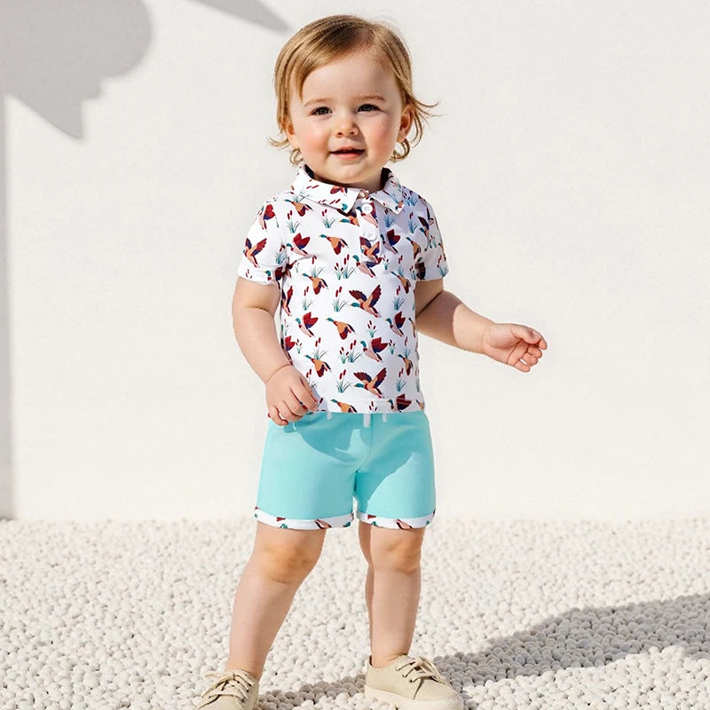 Toddler Boys Casual Outfits Dinosaur Print Short Sleeve Shirt and Shorts Set for Summer 2 Piece Clothing Set with Elastic