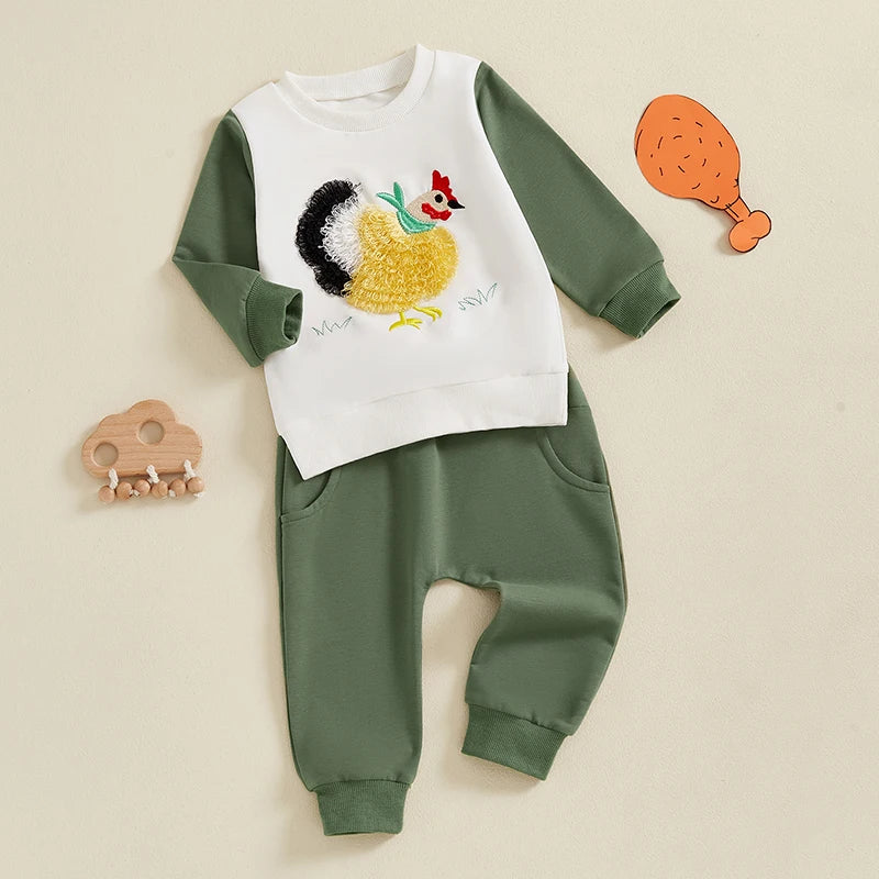 Boys Autumn Outfits Hen Embroidery Sweatshirts and Pants Set Long Sleeve Pullover and Trousers 2-Piece Clothing Ensemble