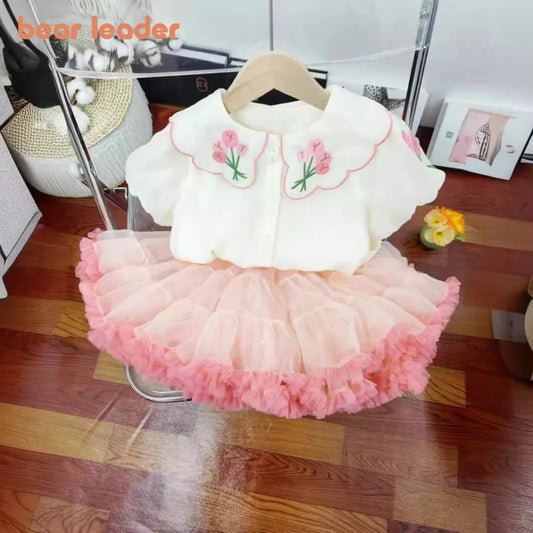 Bear Leader Summer Sweet and Cute Girl's Clothing Embroidered Flower Doll Collar Short Sleeve Top+Mesh Puff Skirt Two Piece Set
