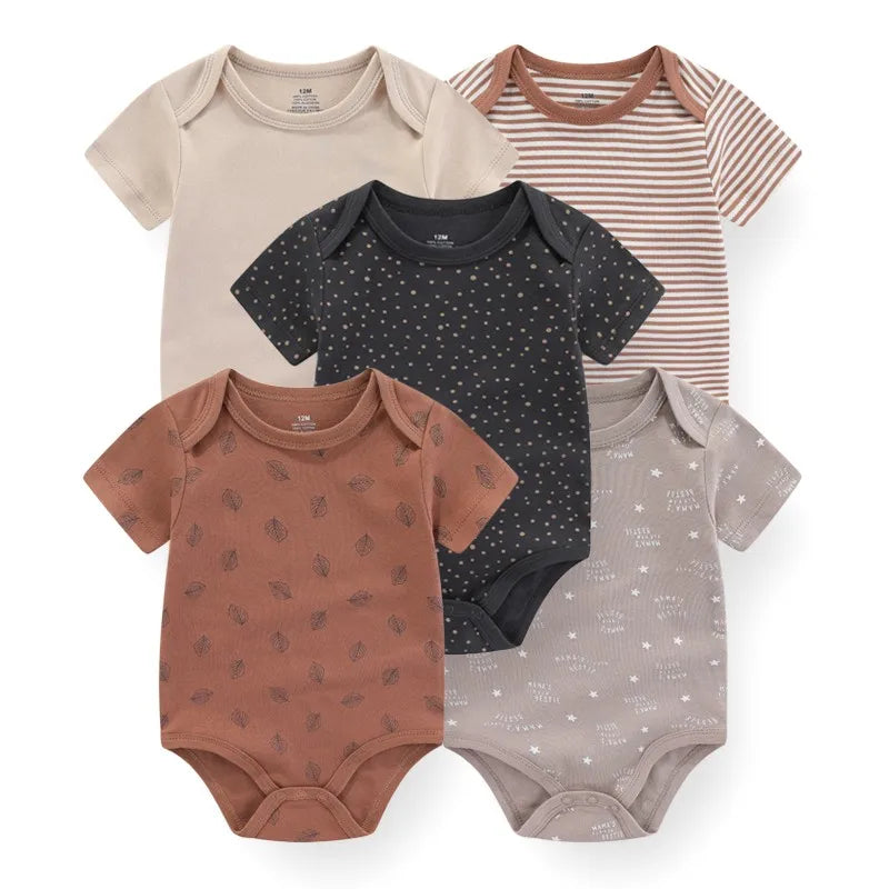 Kiddiezoom 5 Piece Fashion Cartoon Boys and Girls Bodysuits 100% Cotton Soft Newborn Bodysuit Set Summer